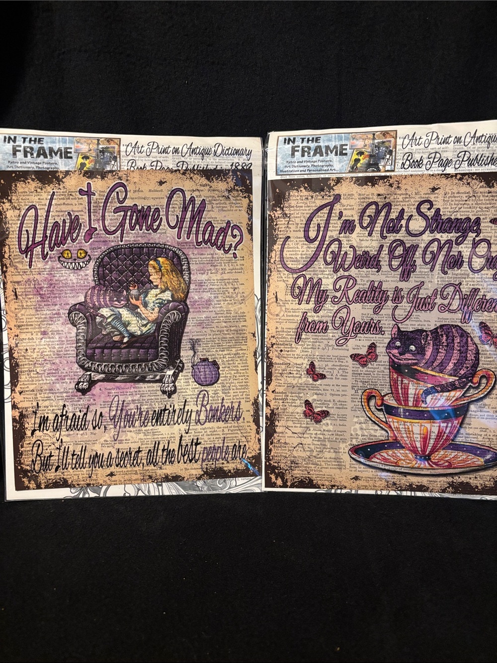 Alice in Wonderland art prints printed on upcycled antique dictionary pages